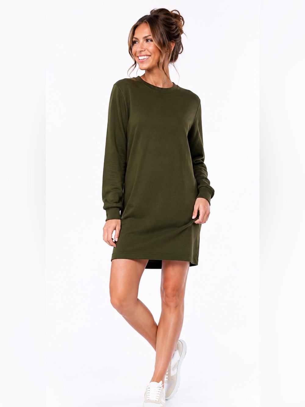 Long Sleeve Olive Sweatshirt Dress - Casual Pullover Style